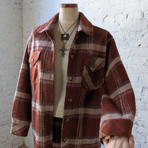 Red Plaid Flannel Jacket Gorpcore Utility Shacket Grunge Boho Chic Earthy Small - Picture 5 of 9